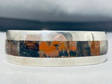 Very Rare Petrified Wood Inlay Native American Navajo Heavy Sterling Silver Bracelet-Nativo Arts