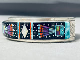 6-1/2' Wrist Native American Navajo Cosmic Inlay Jet Turquoise Coral Sterling Silver Bracelet-Nativo Arts