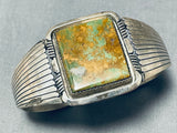 Rare Squared Green Turquoise Vintage Native American Navajo Sterling Silver Flank Bracelet-Nativo Arts
