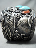 Monster Signed Vintage Native American Navajo Turquoise Coral Sterling Silver Bracelet-Nativo Arts
