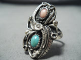 Detailed Vintage Native American Navajo Turquoise Leaf Sterling Silver Ring Old-Nativo Arts