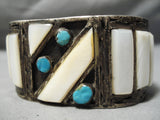 Huge One Of Best Vintage Native American Navajo Turquoise Sterling Silver Shell Bracelet Old-Nativo Arts