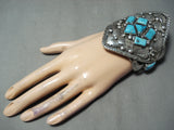 Ted Joe Massive Vintage Native American Navajo Turquoise Sterling Silver Leaf Bracelet-Nativo Arts