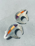 Amazing Vintage Native American Navajo Signed Inlay Sugulite Spiny Sterling Silver Bear Earrings-Nativo Arts