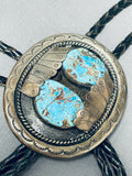 Impressive Vintage Native American Navajo Signed 2 Kingman Turquoise Sterling Silver Large Bolo-Nativo Arts
