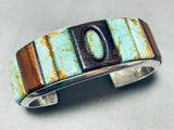 Signed Vintage Native American Navajo #8 Turquoise Sterling Silver Wood Inlay Bracelet-Nativo Arts