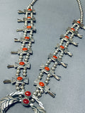 Womens Vintage Native American Navajo Coral Sterling Silver Squash Blossom Necklace-Nativo Arts