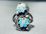 Wonderful Vintage Native American Zuni Blue Gem Turquoise Sterling Silver Floral Ring-Nativo Arts