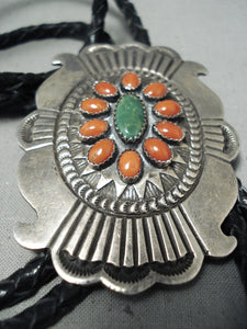 Quality Vintage Native American Navajo Green Turquoise Coral Sterling Silver Bolo Tie-Nativo Arts
