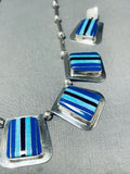 Unique Long Stone Inlay Vintage Native American Navajo Turquoise Sterling Silver Necklace-Nativo Arts