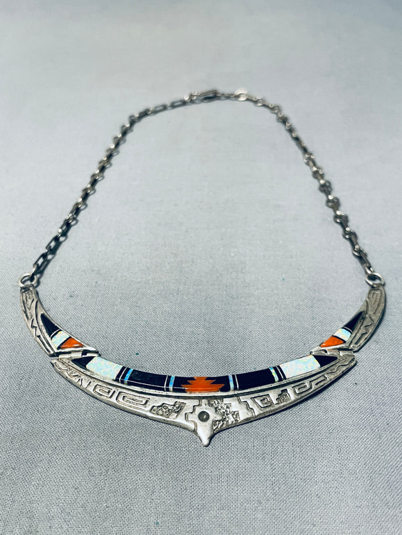 Exceptional Vintage Native American Zuni Coral Sterling Silver Necklace-Nativo Arts