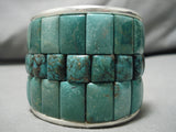 Native American One Of The Best Green Turquoise Inlay Sterling Silver Heavy Cuff Bracelet!-Nativo Arts