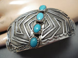 Incredible Technique!! Vintage Native American Navajo Slanted Turquoise Sterling Silver Bracelet-Nativo Arts