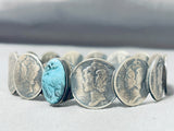 Dazzling Native American Navajo Blue Diamond Turquoise Sterling Silver Dime Bangle Bracelet-Nativo Arts