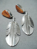 Outstanding Native American Navajo Spiny Oyster Shell Sterling Silver Feather Earrings-Nativo Arts