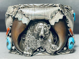 Big Mens Native American Navajo Turquoise Coral Sterling Silver Bear Bracelet-Nativo Arts