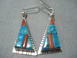 Astonishing Native American Navajo Creek Turquoise Coral Sterling Silver Earrings-Nativo Arts