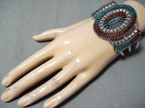 Enormous Native American Zuni Turquoise Coral Needlepoint Sterling Silver Bracelet-Nativo Arts