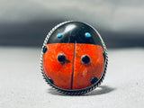 Adorable Native American Navajo Spiny Oyster Sterling Silver Ladybug Ring-Nativo Arts