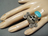 Unique Native American Navajo Old Kingman Turquoise Sterling Silver Kachina Ring-Nativo Arts