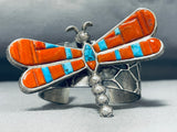 Rare Native American Navajo Signed Inlay Coral Kingman Turquoise Sterling Silver Dragonfly Cuff-Nativo Arts