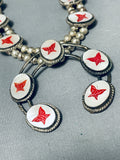 Coral Butterfly Vintage Native American Navajo Sterling Silver Squash Blossom Necklace-Nativo Arts