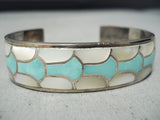 Bneautiful Vintage Native American Zuni Turquoise Pearl Sterling Silver Inlay Bracelet Old-Nativo Arts