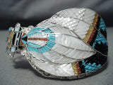 Incredible Native American Zuni Textured Inlay Turquoise Coral Kachina Sterling Silver Bracelet-Nativo Arts