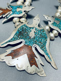 Native American 258 Gram Vintage Navajo Turquoise Coral Sterling Silver Squash Blossom Necklace-Nativo Arts