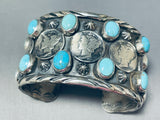 Spectacular San Felipe Signed Blue Gem Turquoise Sterling Silver Dimes Cuff-Nativo Arts