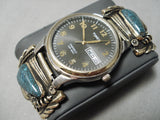 Native American Important Lander Blue Turquoise Gold Sterling Silver Watch Bracelet-Nativo Arts