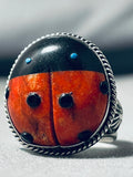 Marvelous Native American Navajo Signed Jet Coral Turquoise Sterling Silver Ladybug Ring-Nativo Arts