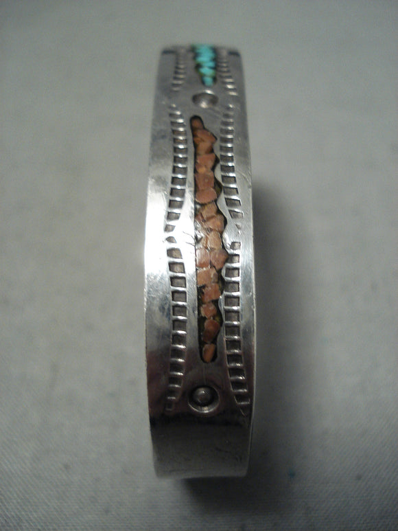 Vtg Native American Navajo Turquoise Coral Inlaid Sterling Silver bracelet-Nativo Arts