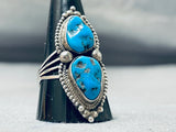Striking Vintage Native American Navajo 2 Morenci Turquoise Sterling Silver Ring-Nativo Arts