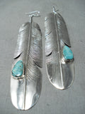 Eye-catching Native American Navajo Blue Diamond Turquoise Sterling Silver Feather Earrings-Nativo Arts
