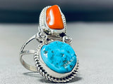 Wonderful Native American Navajo Morenci Turquoise And Coral Sterling Silver Ring-Nativo Arts