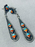 Unforgettable Vintage Native American Navajo Turquoise & Coral Sterling Silver Dangle Earrings-Nativo Arts