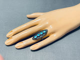 Native American Beautiful Quality Vintage Zuni Turquoise Inlay Sterling Silver Ring Old-Nativo Arts