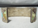 Signed Vintage Native American Navajo Lime Green Turquoise Sterling Silver Inlay Bracelet-Nativo Arts