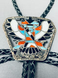 Very Rare Earlier Vintage Native American Zuni Turquoise Coral Sterling Silver Bolo Tie Old-Nativo Arts