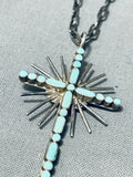 Celestial Vintage Native American Zuni Inlay Blue Gem Turquoise Sterling Silver Cross Necklace-Nativo Arts