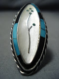 Exquisite Vintage Native American Zuni Turquoise Inlay Flower Sterling Silver Ring Old-Nativo Arts