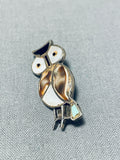 Whimsical Vintage Native American Zuni Mother Of Pearl Sterling Silver Owl Pin-Nativo Arts
