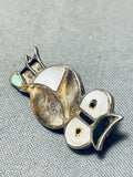 Incredible Vintage Native American Zuni Turquoise Jet Sterling Silver Owl Pin-Nativo Arts