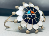 Rare Vintage Native American Zuni Inlay Jet Mother Of Pearl Sunface Sterling Silver Bracelet-Nativo Arts