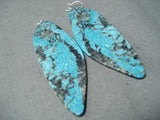 Native American One Of The Largest Slab Turquoise Santo Domingo Sterling Silver Earrings-Nativo Arts