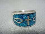 Beautiful Vintage Native American Navajo Christian Cross Sterling Silver Turquoise Fish Ring-Nativo Arts