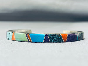 Fred Peters Vintage Native American Navajo Turquoise Inlay Sterling Silver Bracelet-Nativo Arts