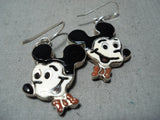 Fabulous Native American Zuni Inlay Coral Jet Sterling Silver Mickey Mouse Earrings-Nativo Arts