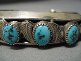 Thick Heavy Vintage Native American Navajo Turquoise Sterling Silver Leaf Bracelet Old-Nativo Arts